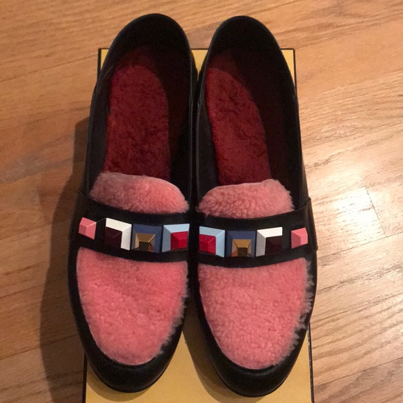 FENDI Shearling Studded Loafers Size 42 - Picture 2 of 6